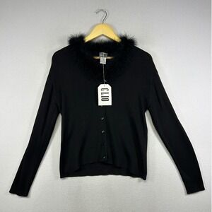 Mob Wife Glam Clio Women Large Black Silk Blend‎ Feather Trim Ribbed Cardigan L